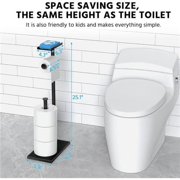 Black Toilet Paper Holder Stand with Shelf Free Standing Bathroom Storage Rack - Picture 2 of 7